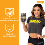 Woman holding RedCon1 GI Juice with digestive enzyme blend for gut health and immunity