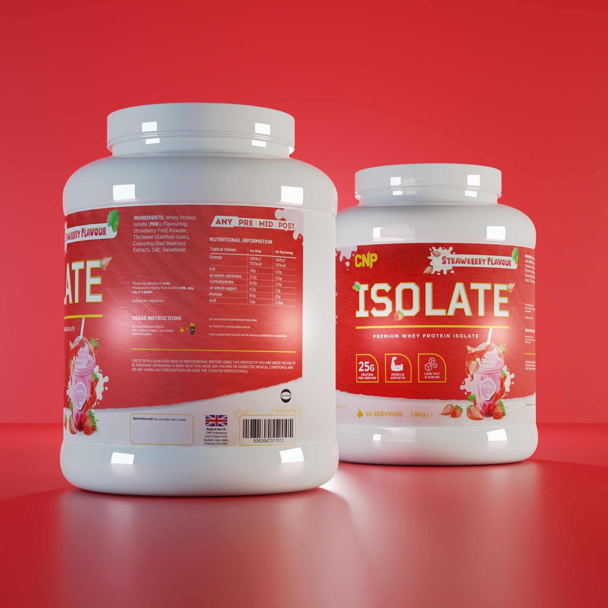 Two CNP Isolate tubs of strawberry-flavored whey protein isolate with essential amino acids