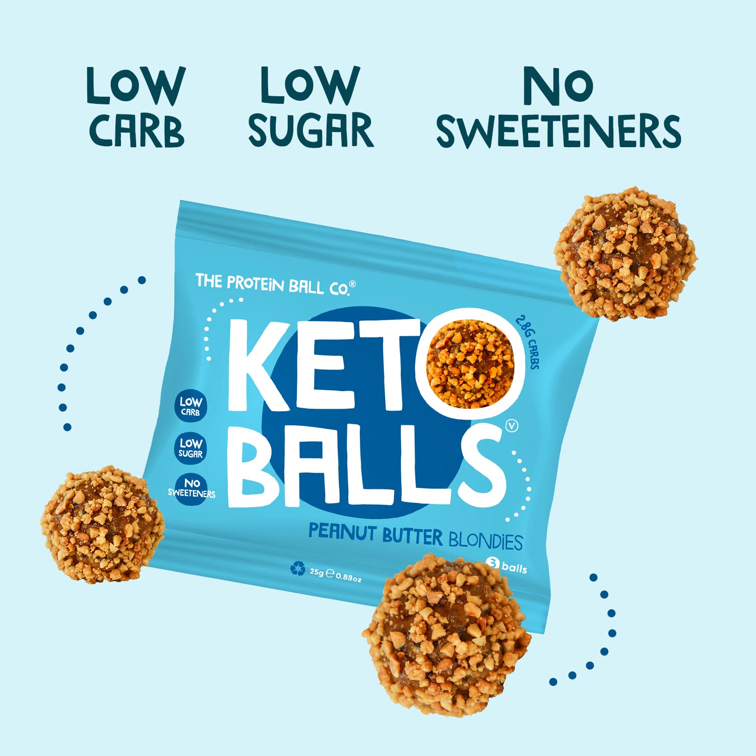 Light blue Keto Balls pouch with Peanut Butter Blondies flavor, low carb protein ball snack