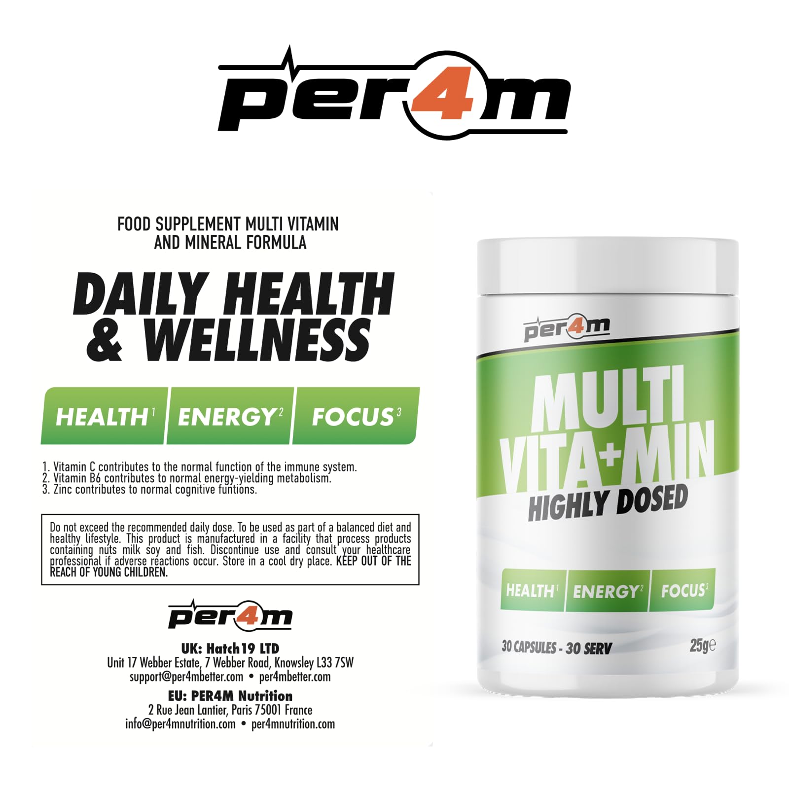 Per4m Multivitamin container promoting immune health and mental clarity daily wellness