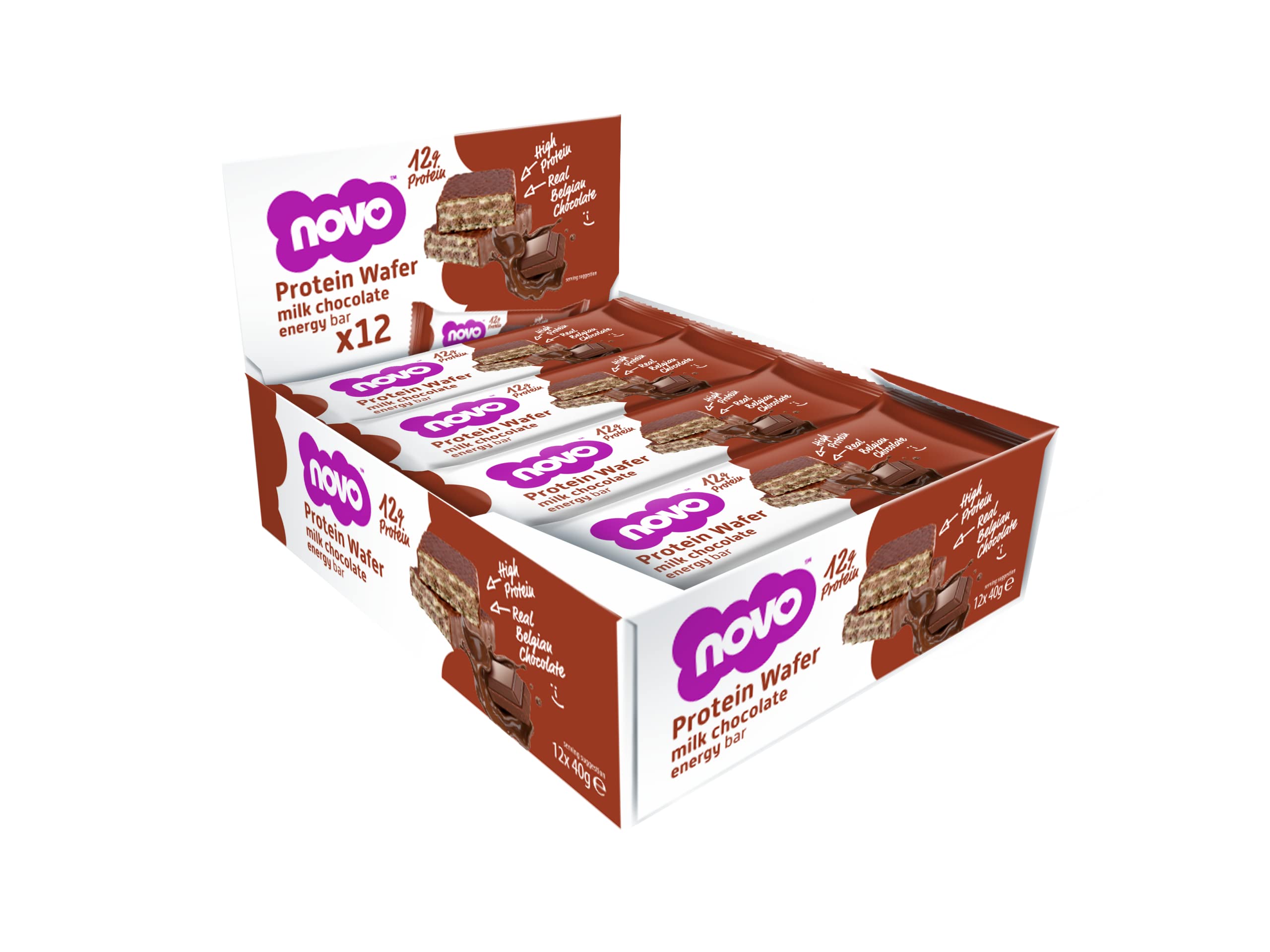 Box of Novo Protein Wafer milk chocolate energy bars from Novo Nutrition Novo Protein Bar