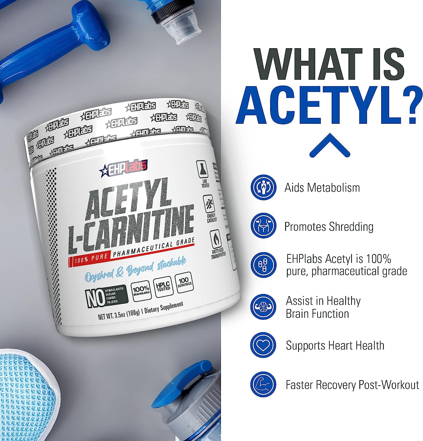 EHP Labs Acetyl L-Carnitine bottle showing pharmaceutical grade supplement for energy and brain boost