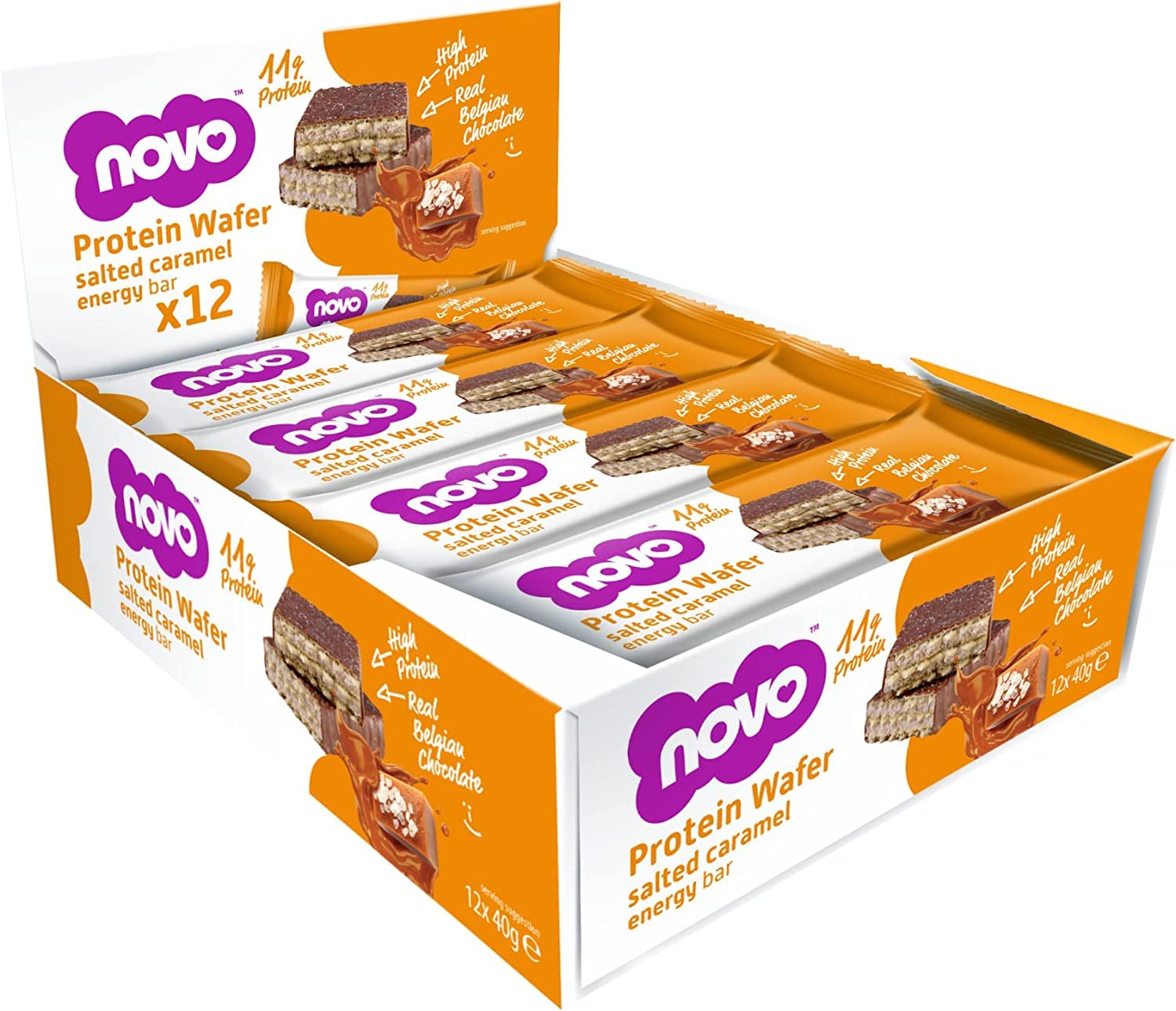 Display box of Novo Protein Wafer salted caramel energy bars for nutrition Novo Protein