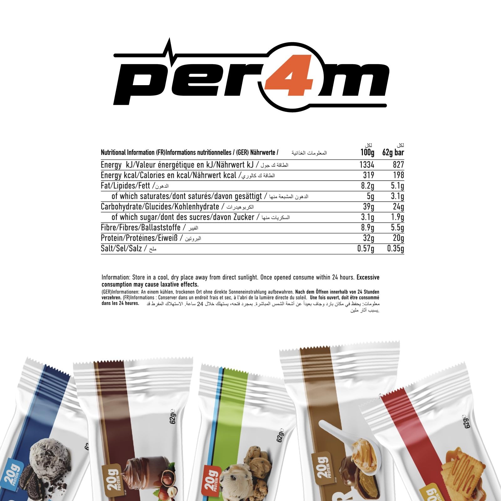 Nutritional info for Per4m Protein Bar showing per4m protein content and benefits