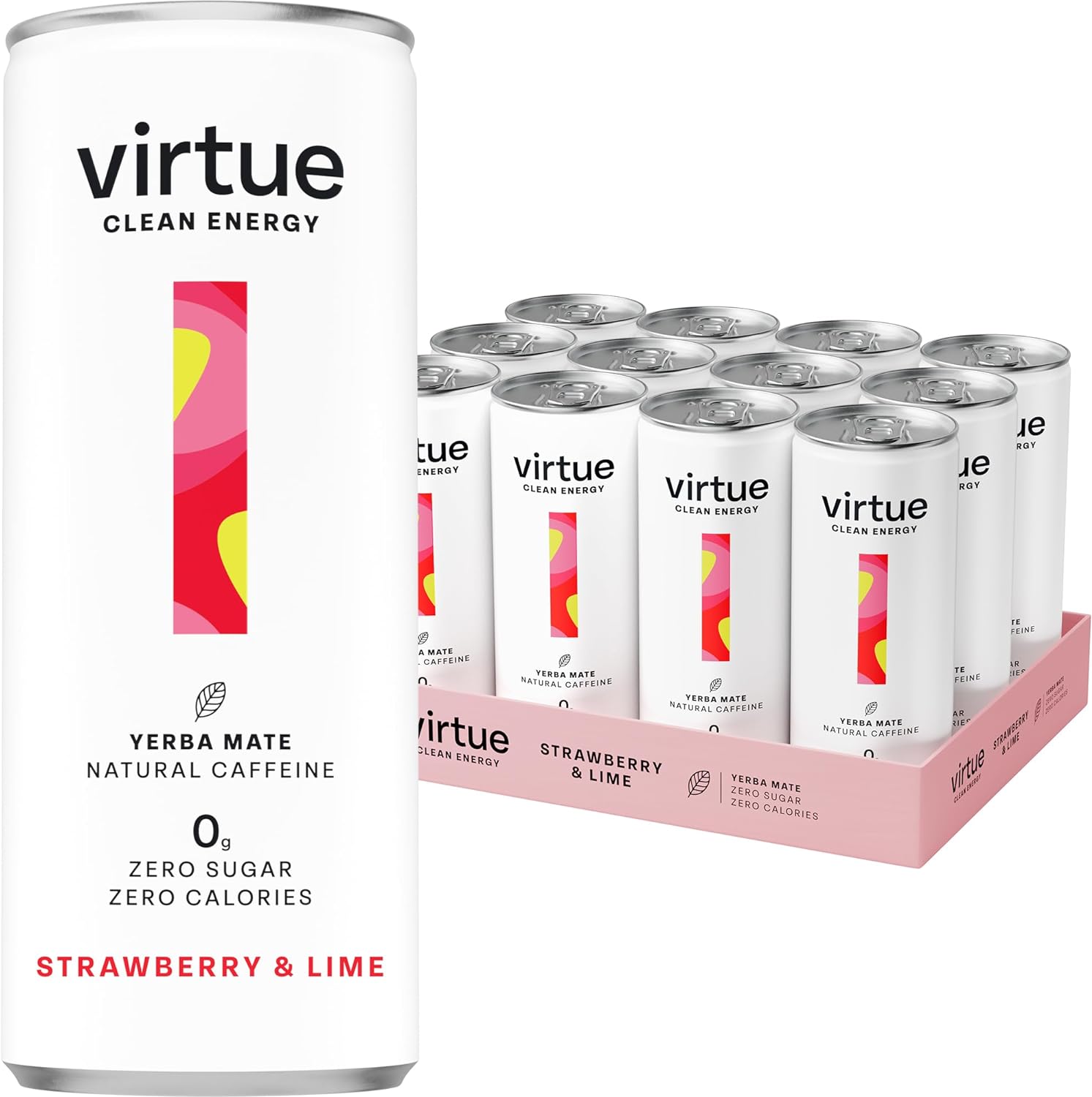 Virtue Clean Energy Yerba Mate energy drink with strawberry lime flavor, zero sugar, zero calories