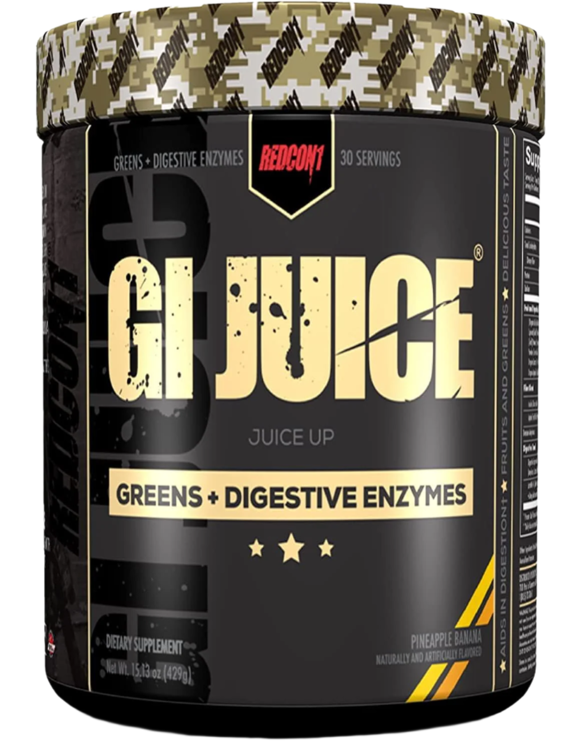 Black and gold RedCon1 GI Juice supplement container with camouflage lid for gut health