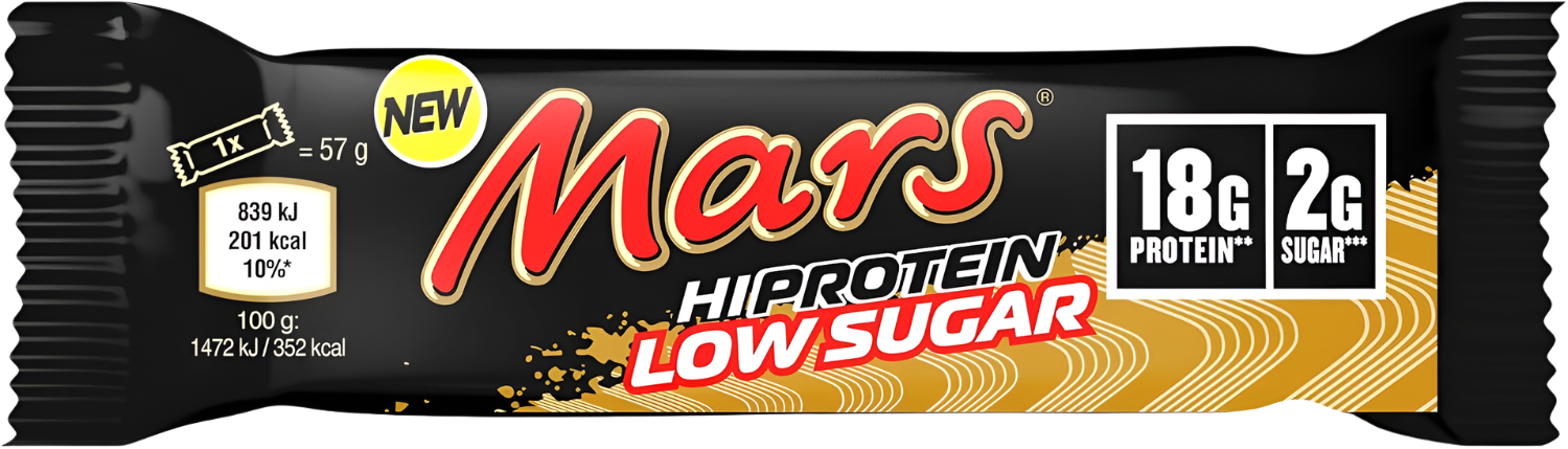Mars Hi Protein Low Sugar Bar with black, red, and gold accents, a tasty low sugar bar