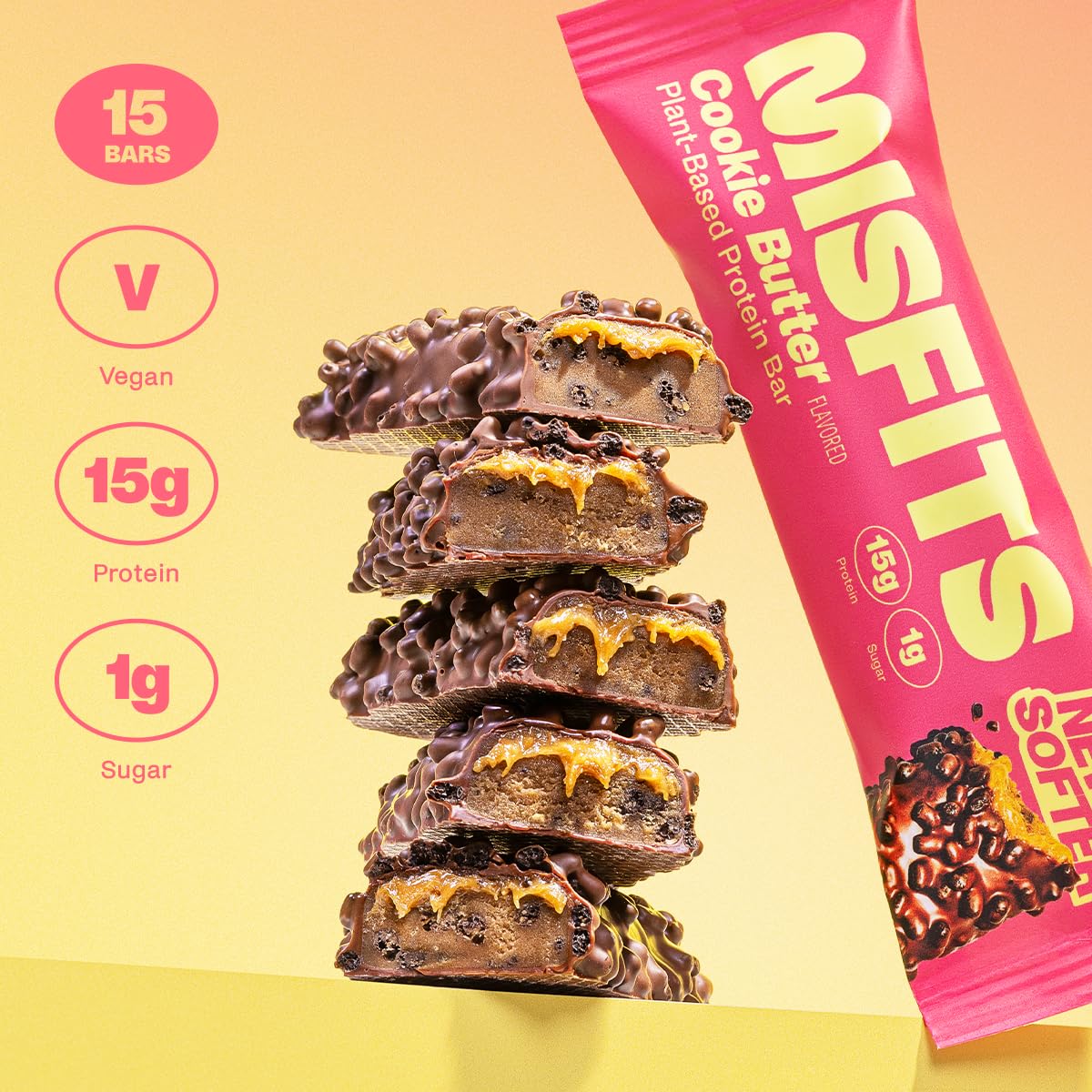 Stack of misfits plant-based protein bars with caramel filling and pink wrapper