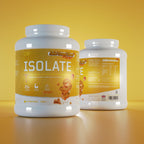 Two white tubs of CNP Isolate salted caramel whey protein isolate with essential amino acids