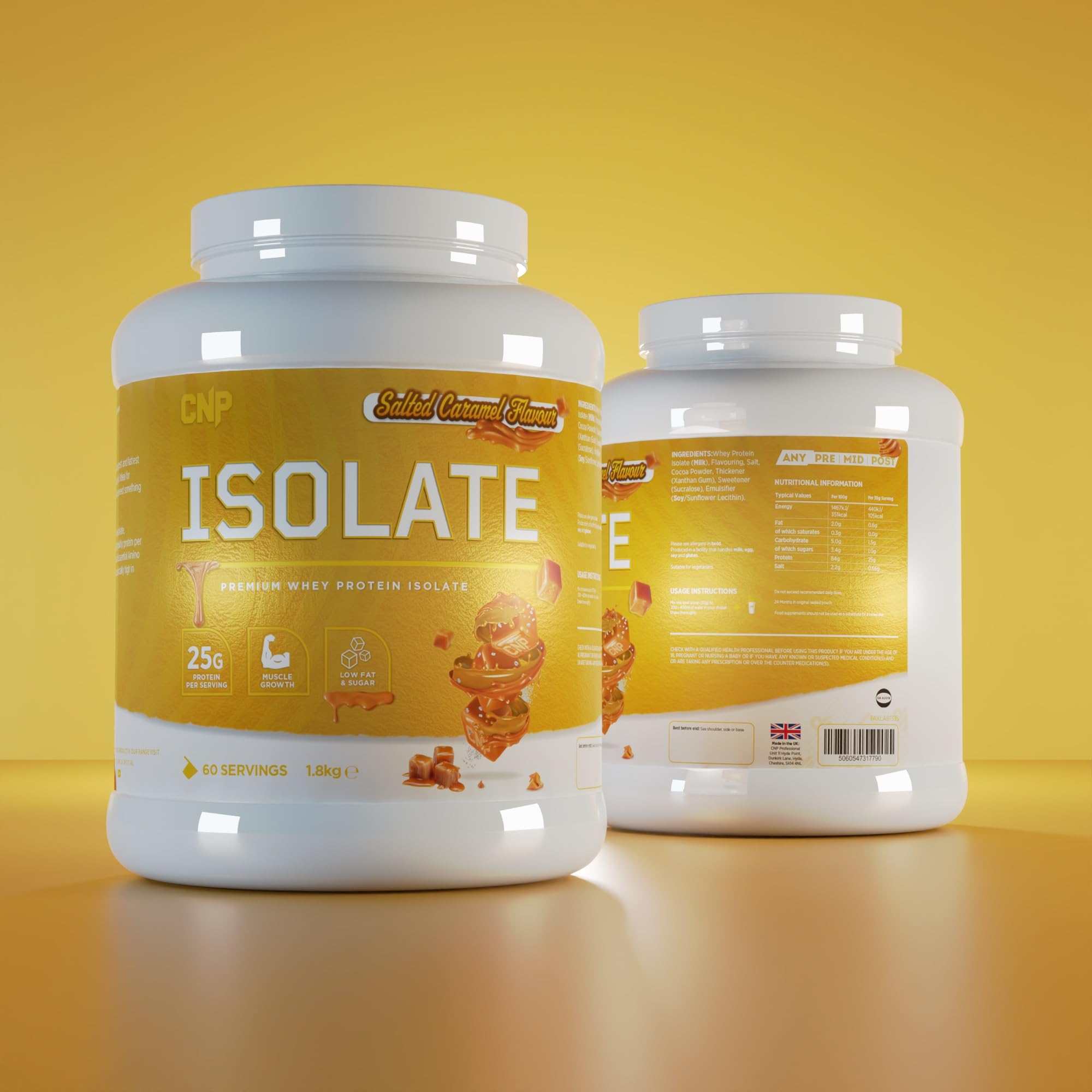 Two white tubs of CNP Isolate salted caramel whey protein isolate with essential amino acids