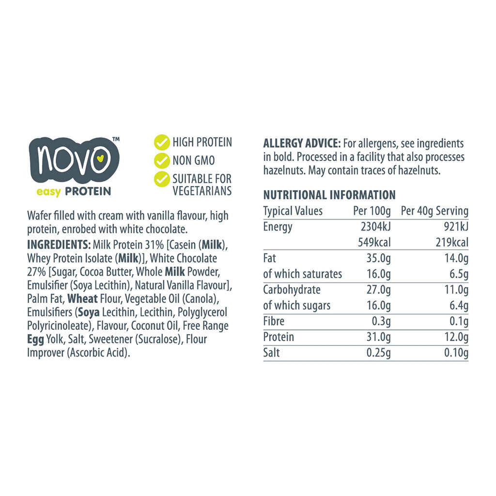 Nutritional info and ingredients for Novo Nutrition Novo Protein Wafer Bar protein wafer bar