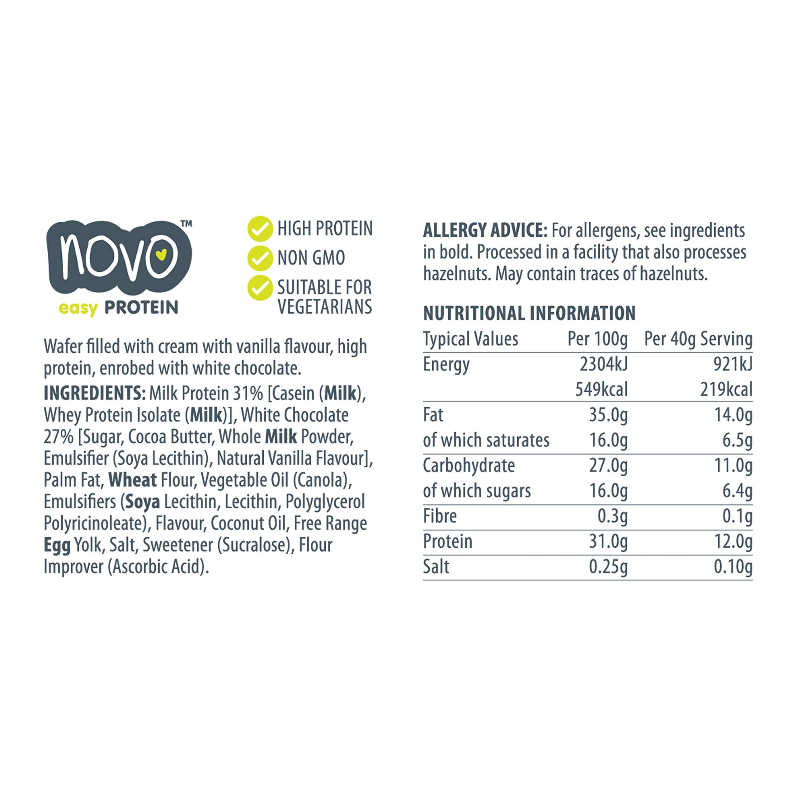 Nutritional info and ingredients for Novo Nutrition Novo Protein Wafer Bar protein wafer bar