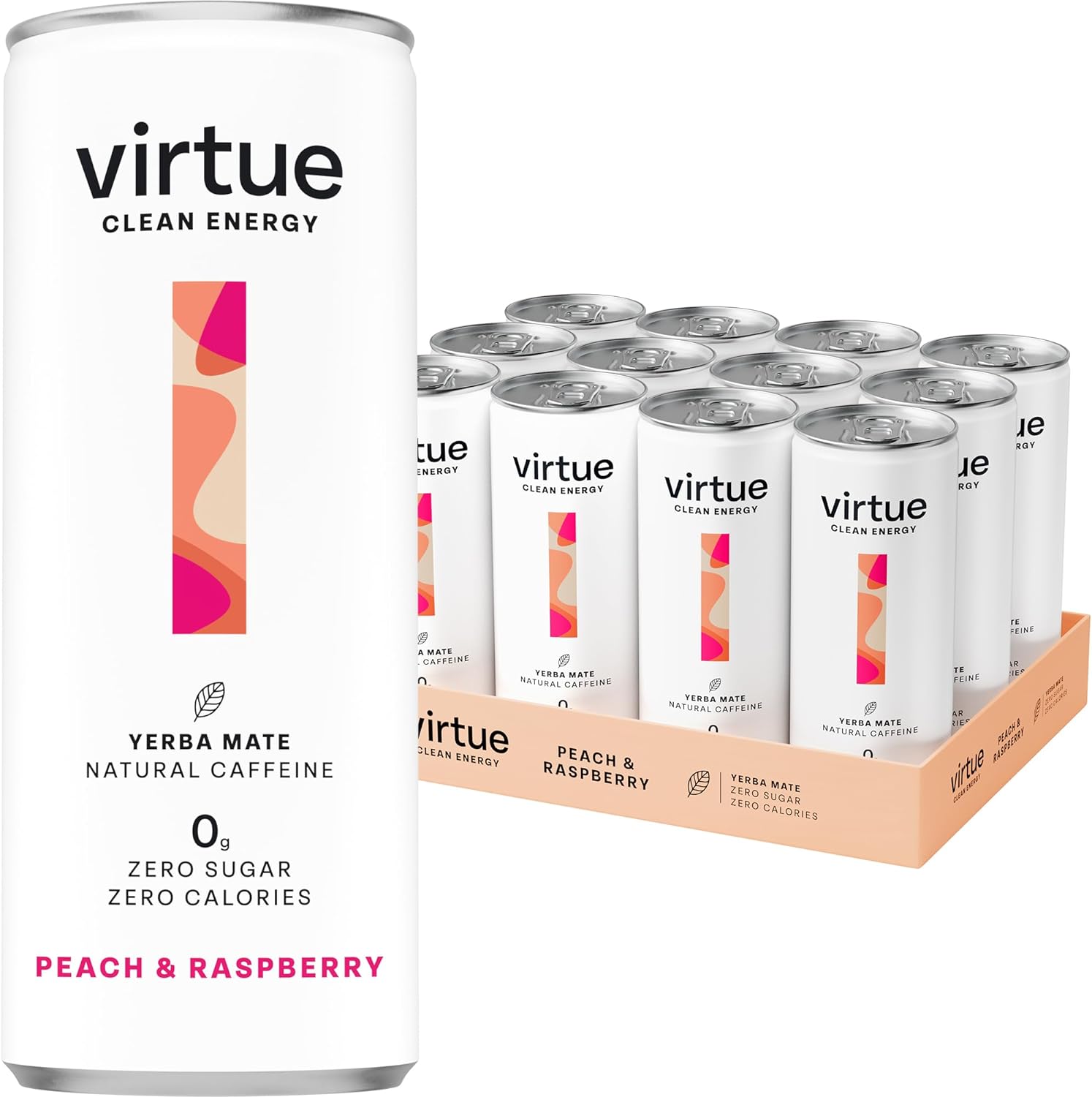 Virtue Clean Energy Yerba Mate case with Peach & Raspberry natural caffeine drink