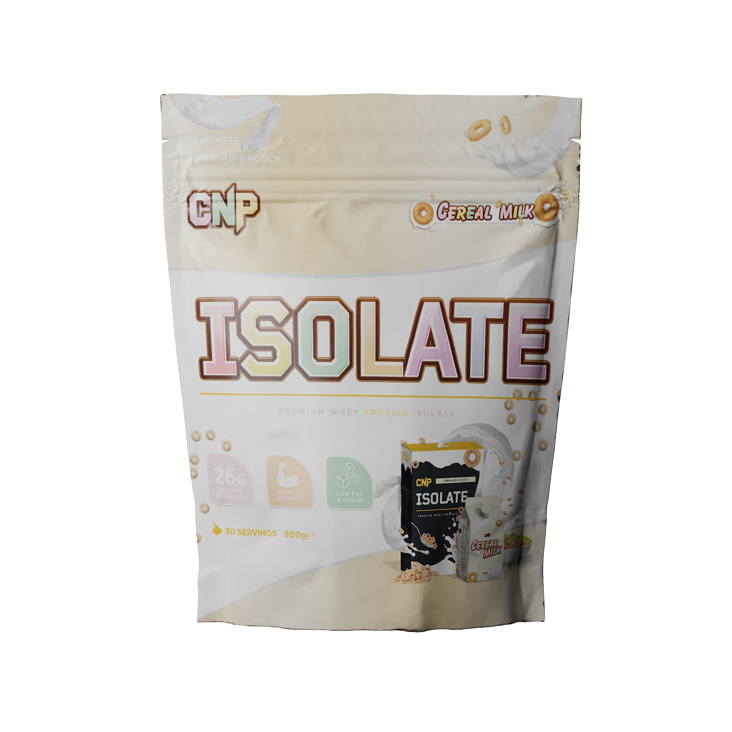 CNP Isolate stand-up pouch with cereal milk flavored whey protein isolate and essential amino acids