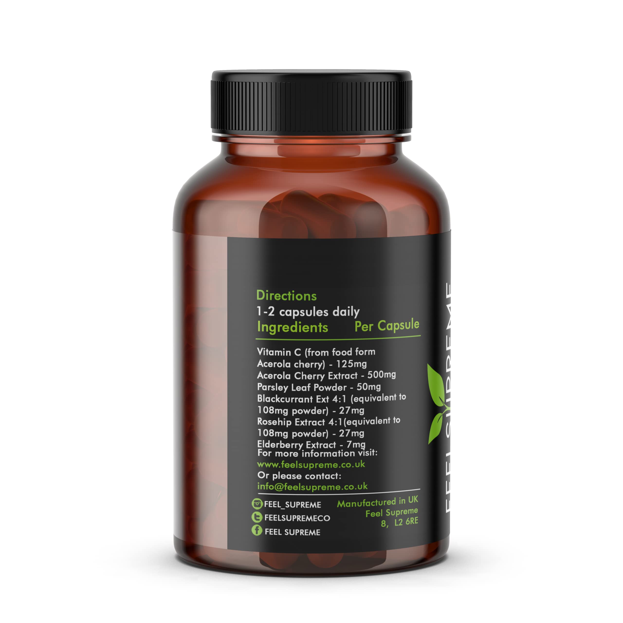 Brown Feel Supreme Vitamin C supplement bottle with black label featuring directions and ingredients, including acerola cherries