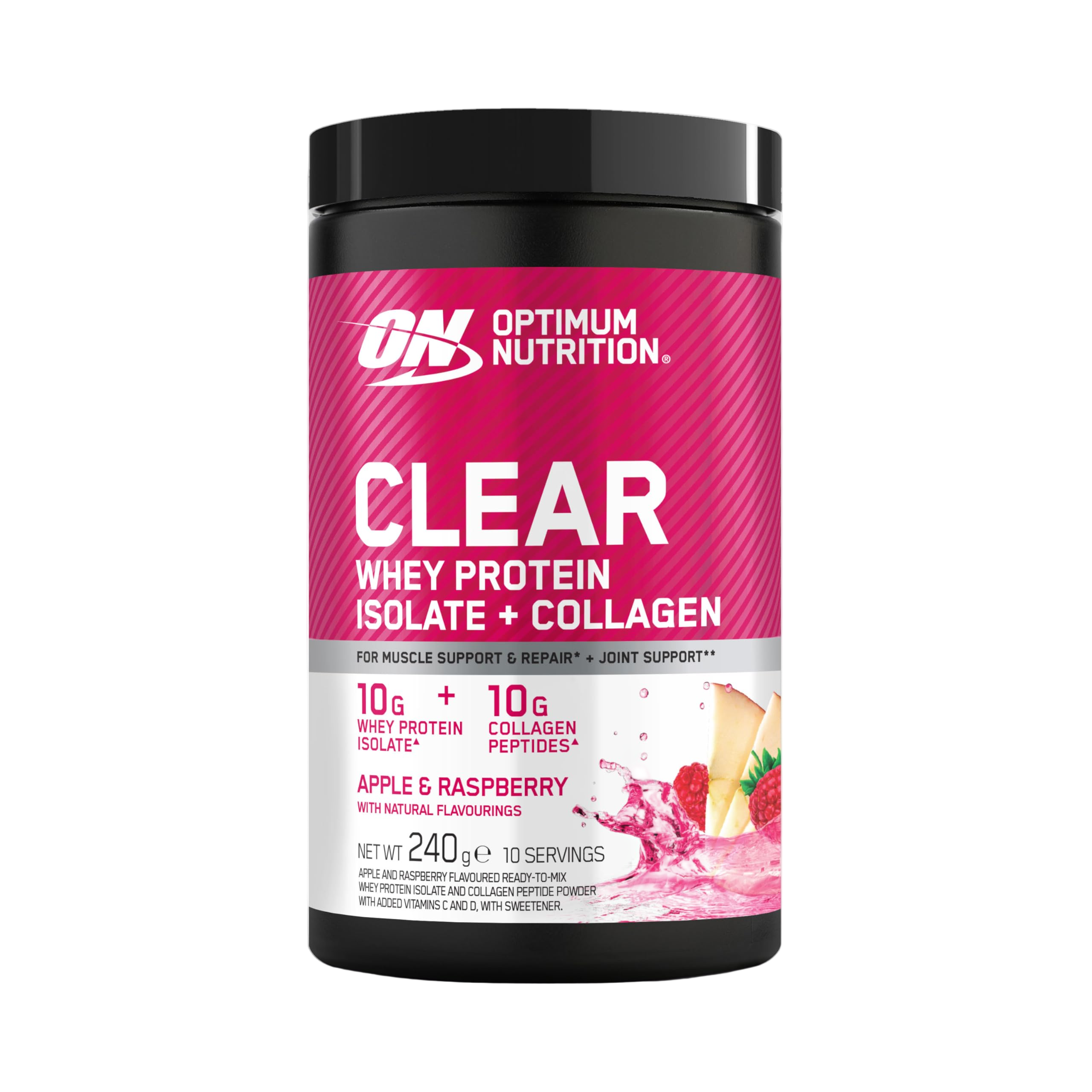 Optimum Nutrition Clear Whey Protein Isolate + Collagen container on a white background