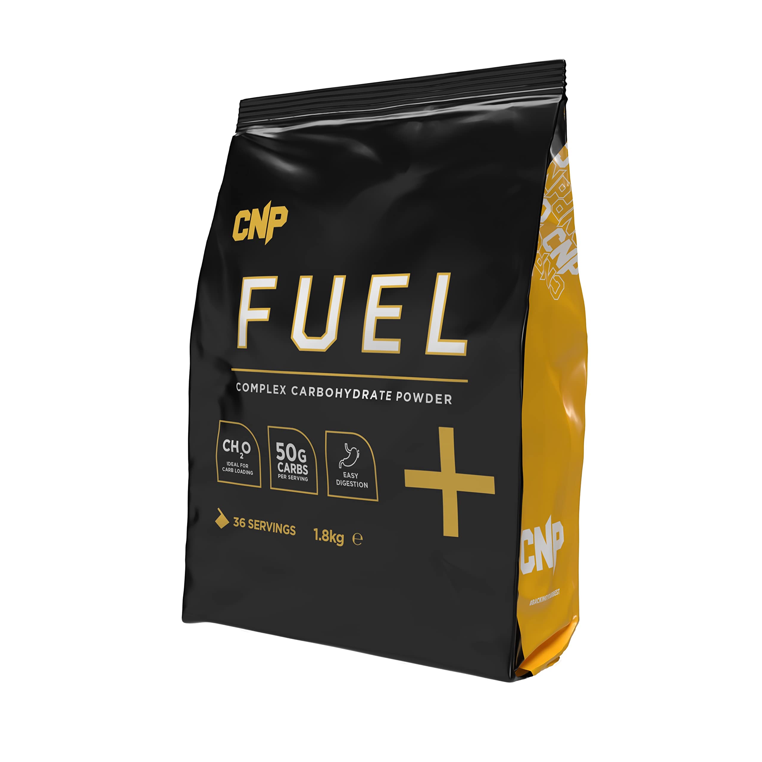 Black and yellow CNP Fuel pouch with flavourless complex carbs powder for energy