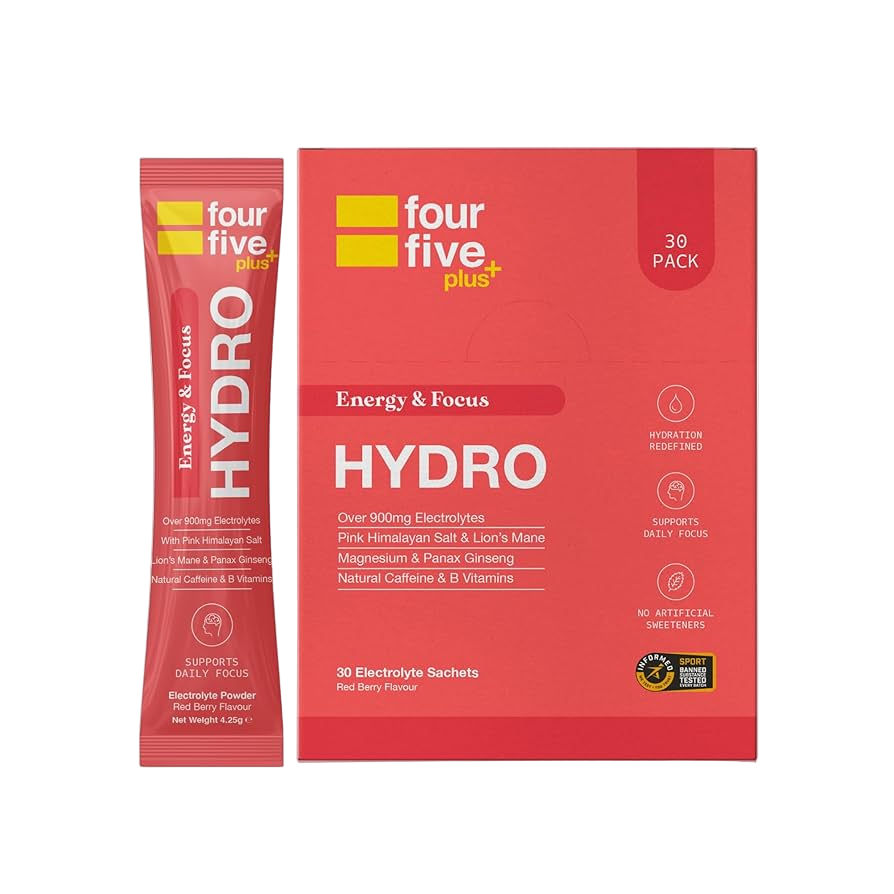 Red packaging of four five plus Hydro with a smaller red sachet on a white background