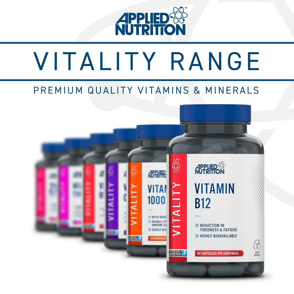 Colorful Applied Nutrition VITALITY B12 vitamin supplement bottles supporting energy