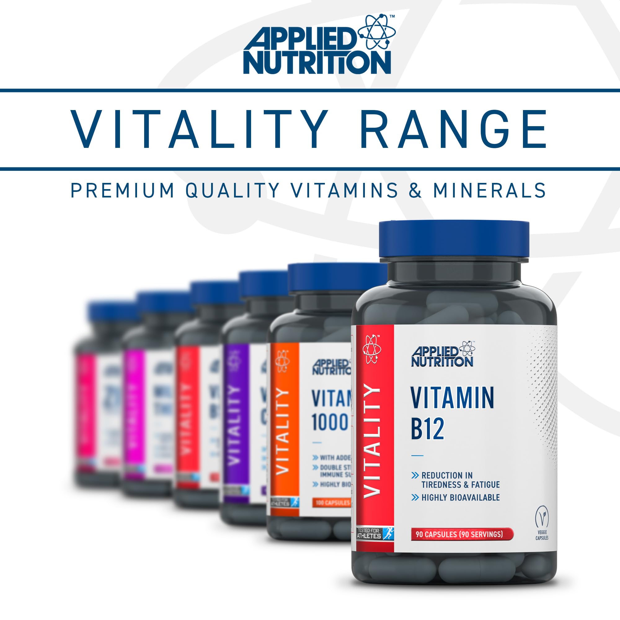 Colorful Applied Nutrition VITALITY B12 vitamin supplement bottles supporting energy