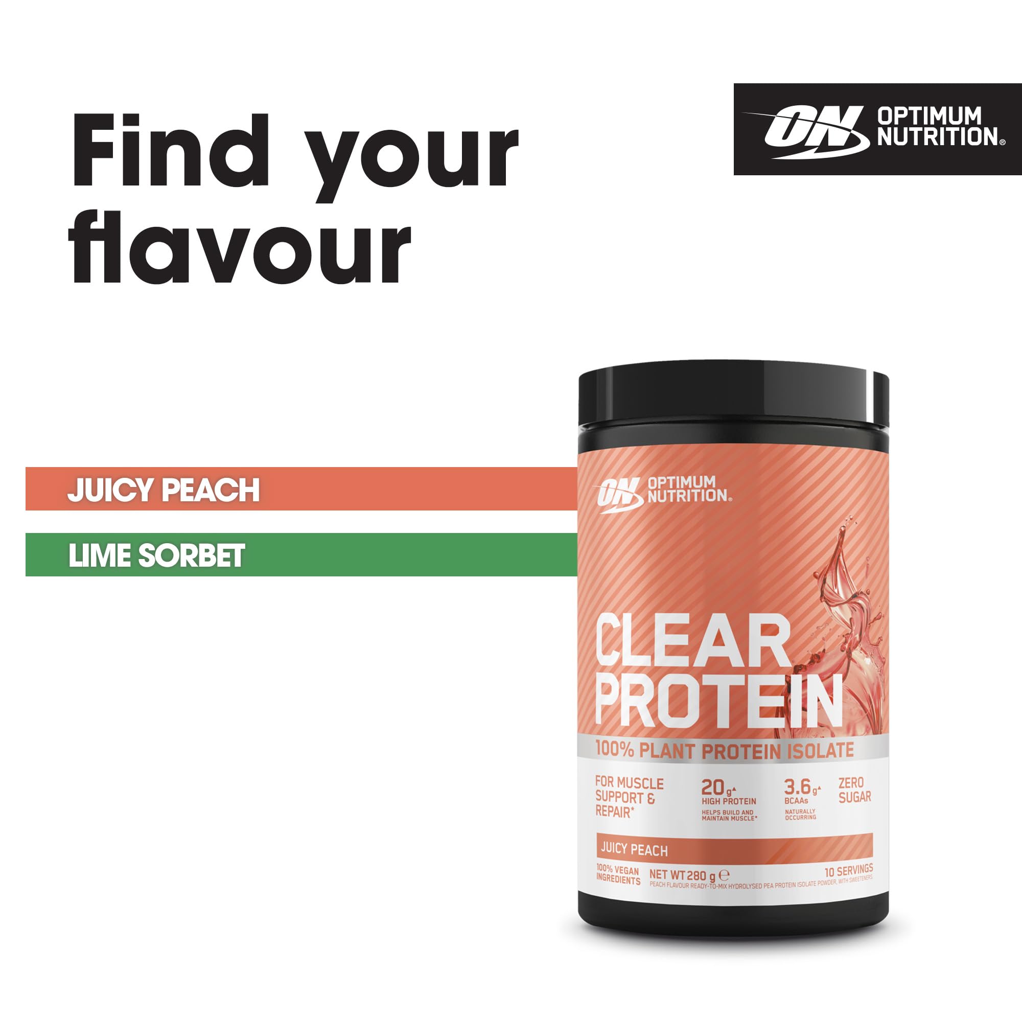 Optimum Nutrition Clear Protein plant-based powder in Juicy Peach flavor for muscle growth