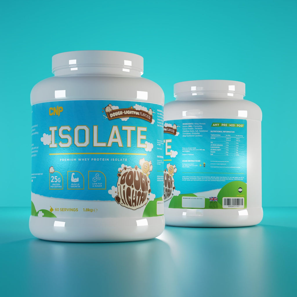 Two CNP Isolate containers showing whey protein isolate and essential amino acids