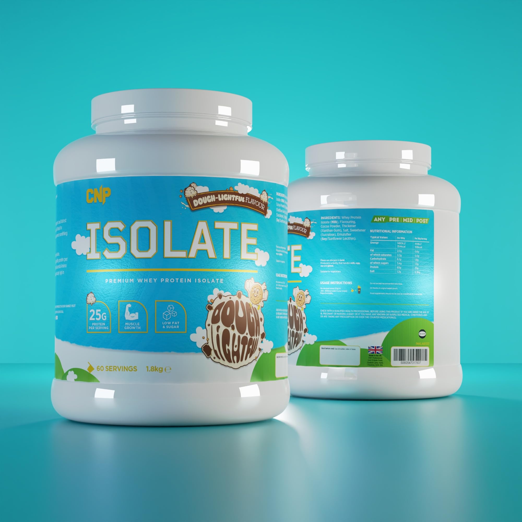 Two CNP Isolate containers showing whey protein isolate and essential amino acids