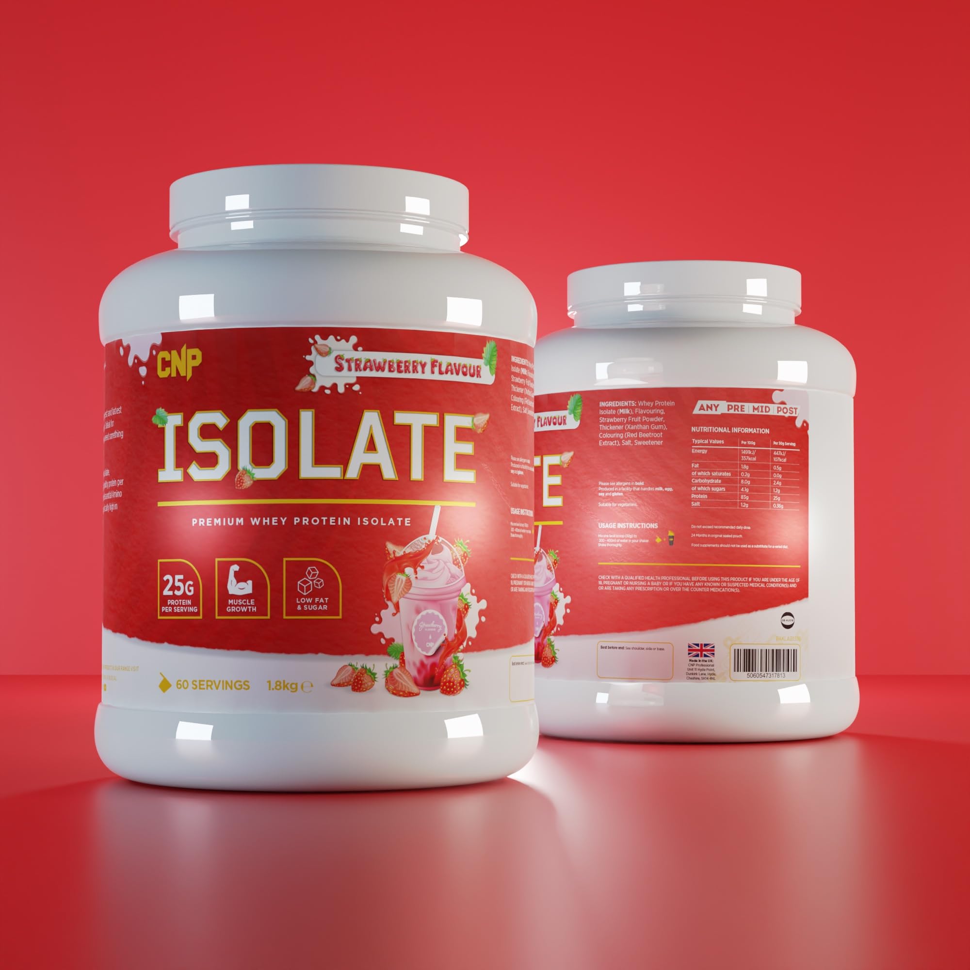Strawberry flavored CNP Isolate whey protein isolate with essential amino acids in a white tub