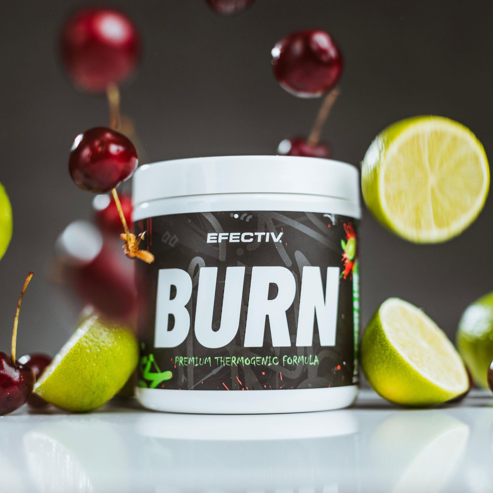 Efectiv Nutrition Burn supplement tub with cherries and lime halves supporting fat loss