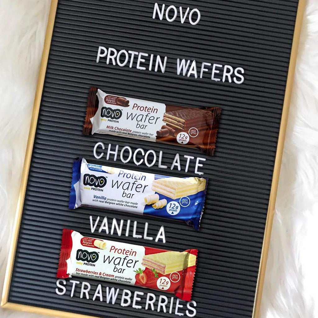 Three Novo Protein Wafer Bars in chocolate, vanilla, and strawberry flavors