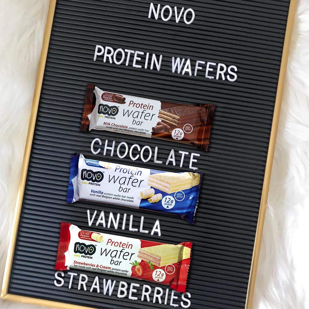 Three Novo Protein Wafer Bars in chocolate, vanilla, and strawberry flavors