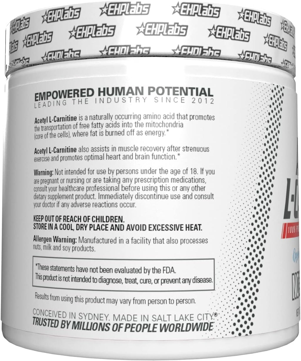 White container of EHP Labs Acetyl L-Carnitine dietary supplement, pharmaceutical grade