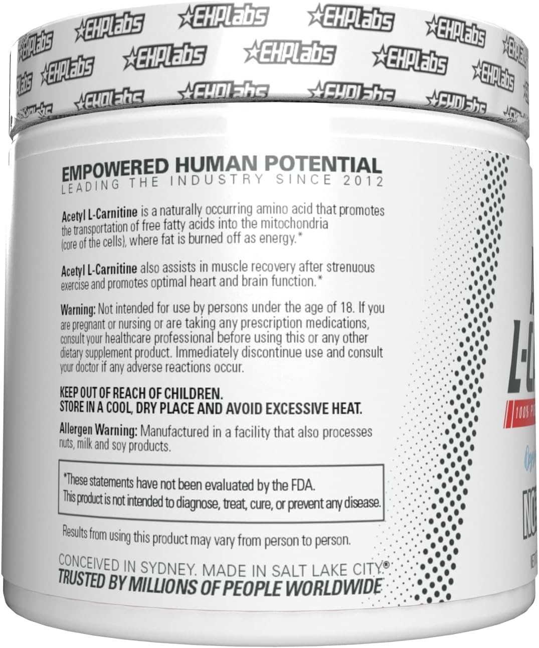 White container of EHP Labs Acetyl L-Carnitine dietary supplement, pharmaceutical grade