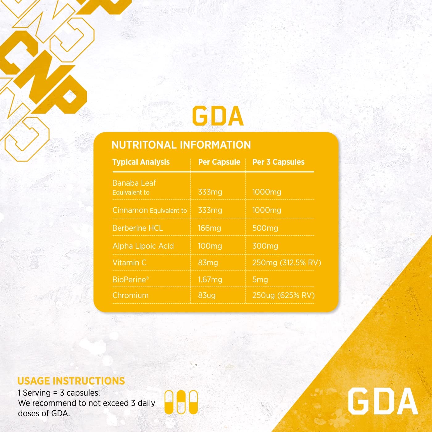 Nutritional info label for CNP GDA supplement with banaba leaf and alpha lipoic acid