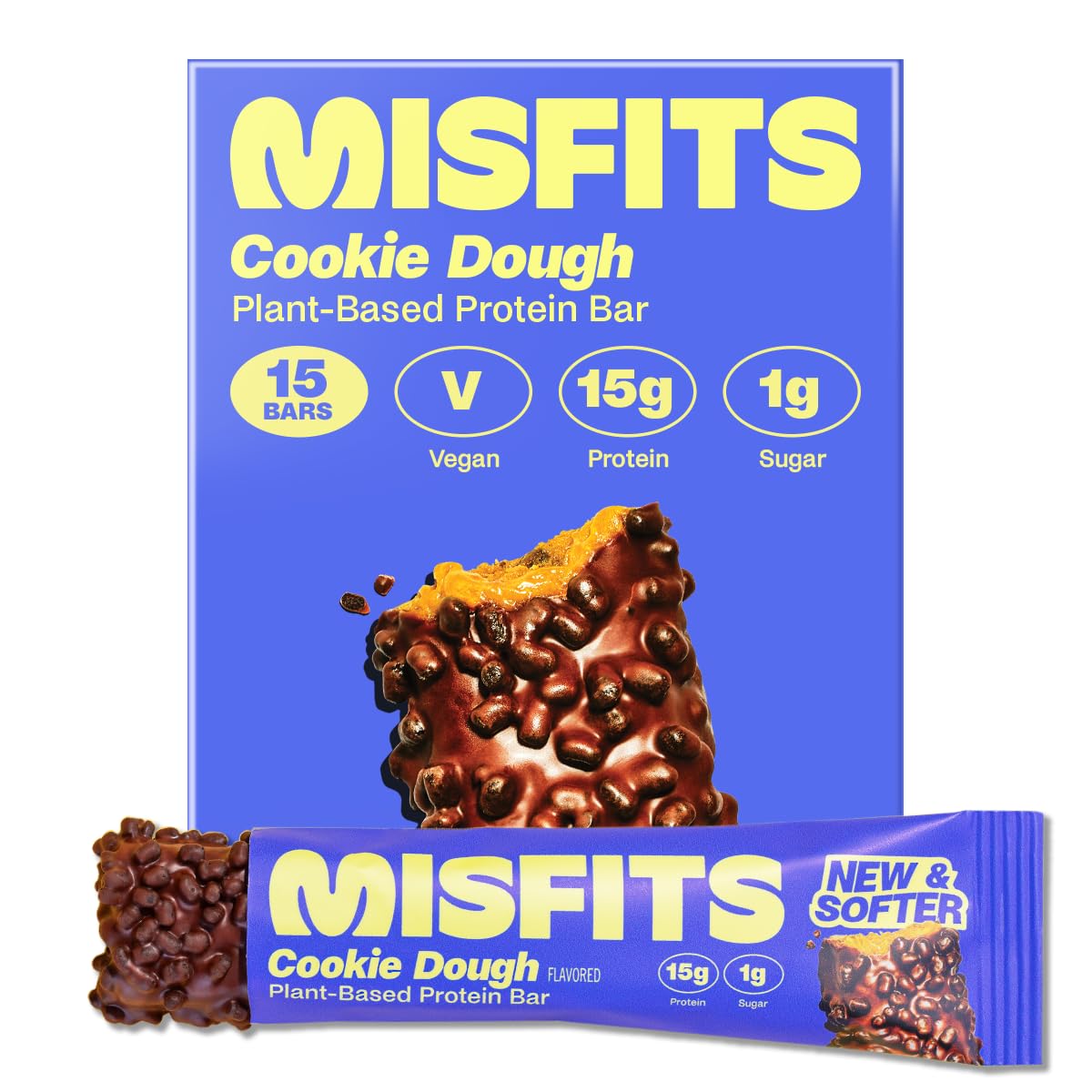 Misfits Plant-Based Protein Bar with 15g protein and 1g sugar, vegan snack