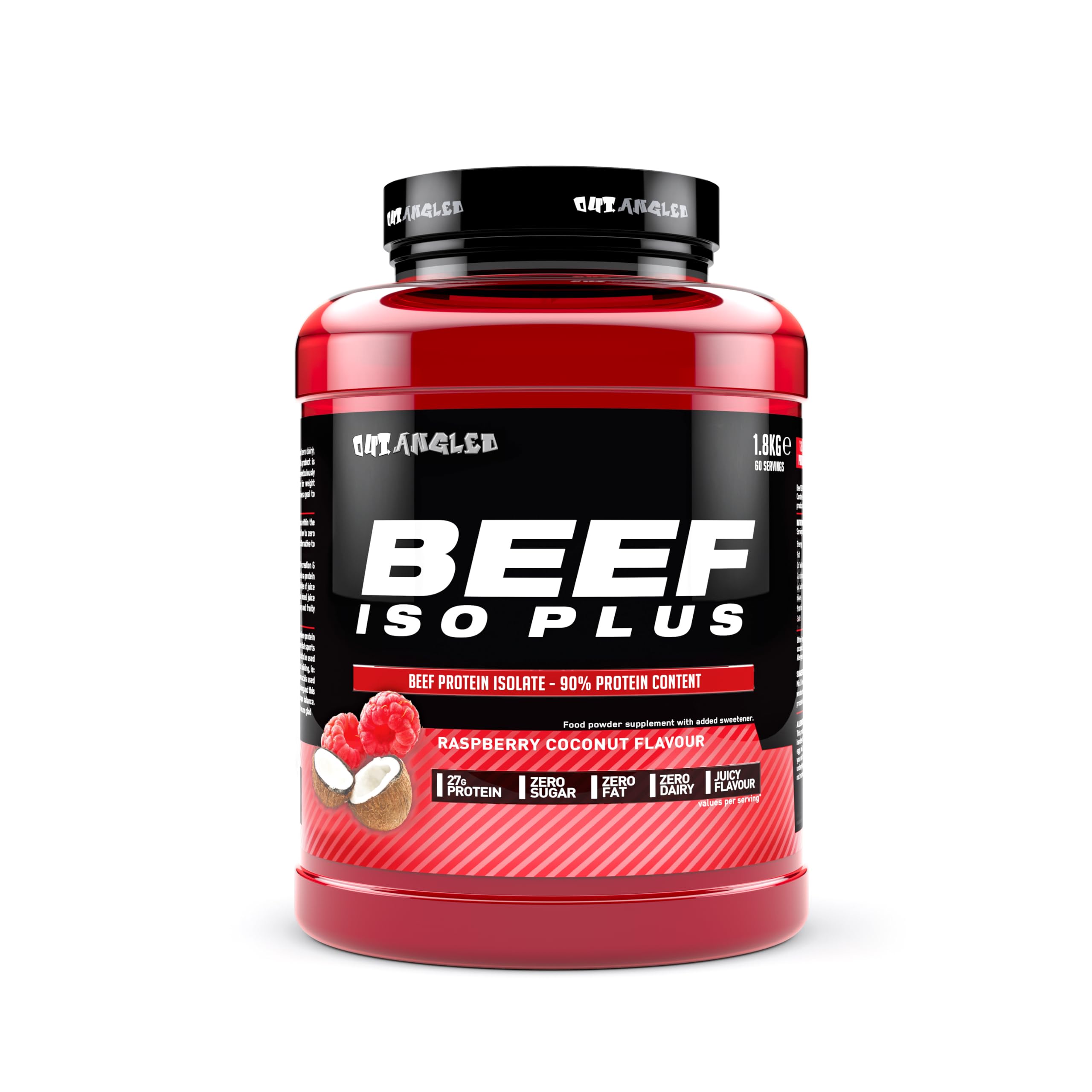 Red and black Outangled Beef Iso Plus container of raspberry coconut beef protein isolate