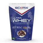 Pouch of sci-mx ultra whey chocolate flavored protein powder for muscle gain
