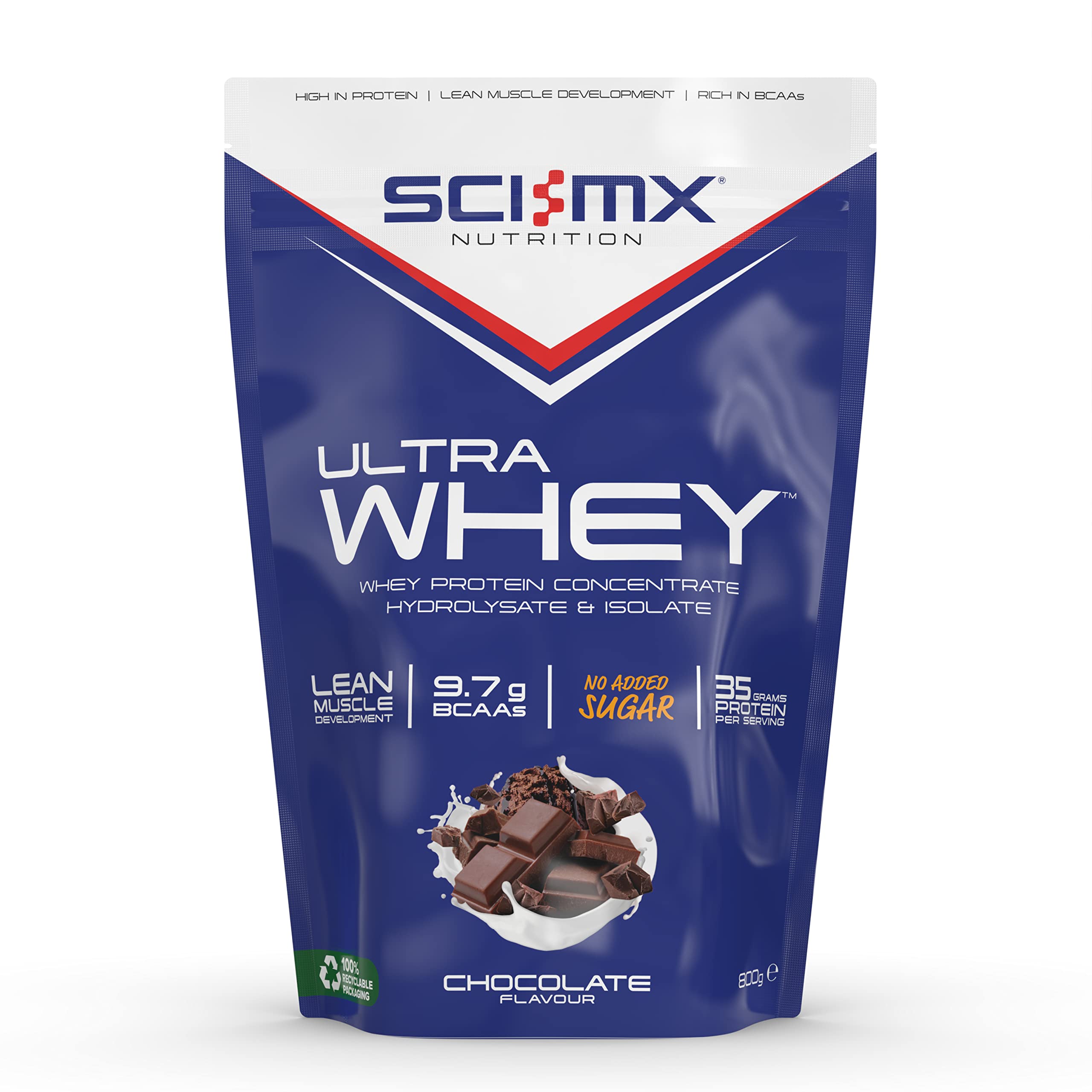 Pouch of sci-mx ultra whey chocolate flavored protein powder for muscle gain