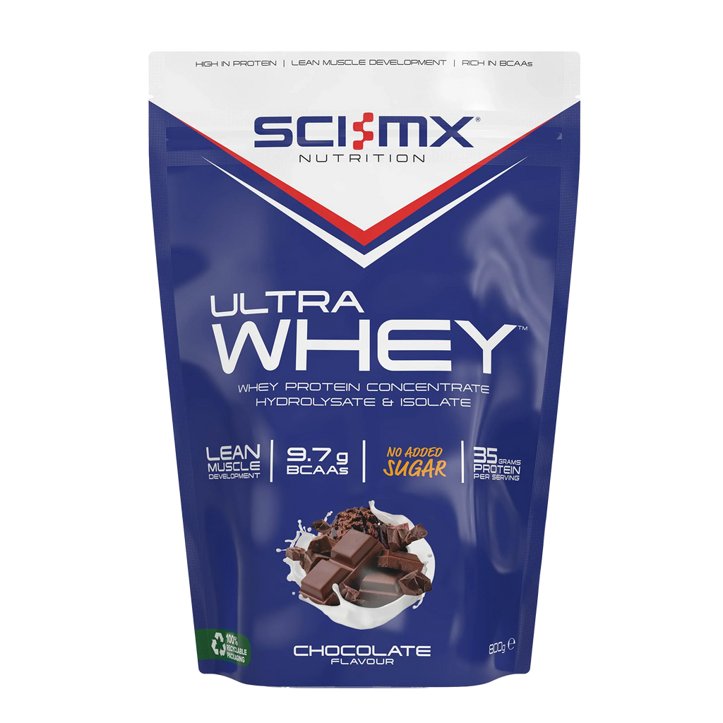 Chocolate-flavored Sci-MX Ultra Whey protein powder for muscle gains