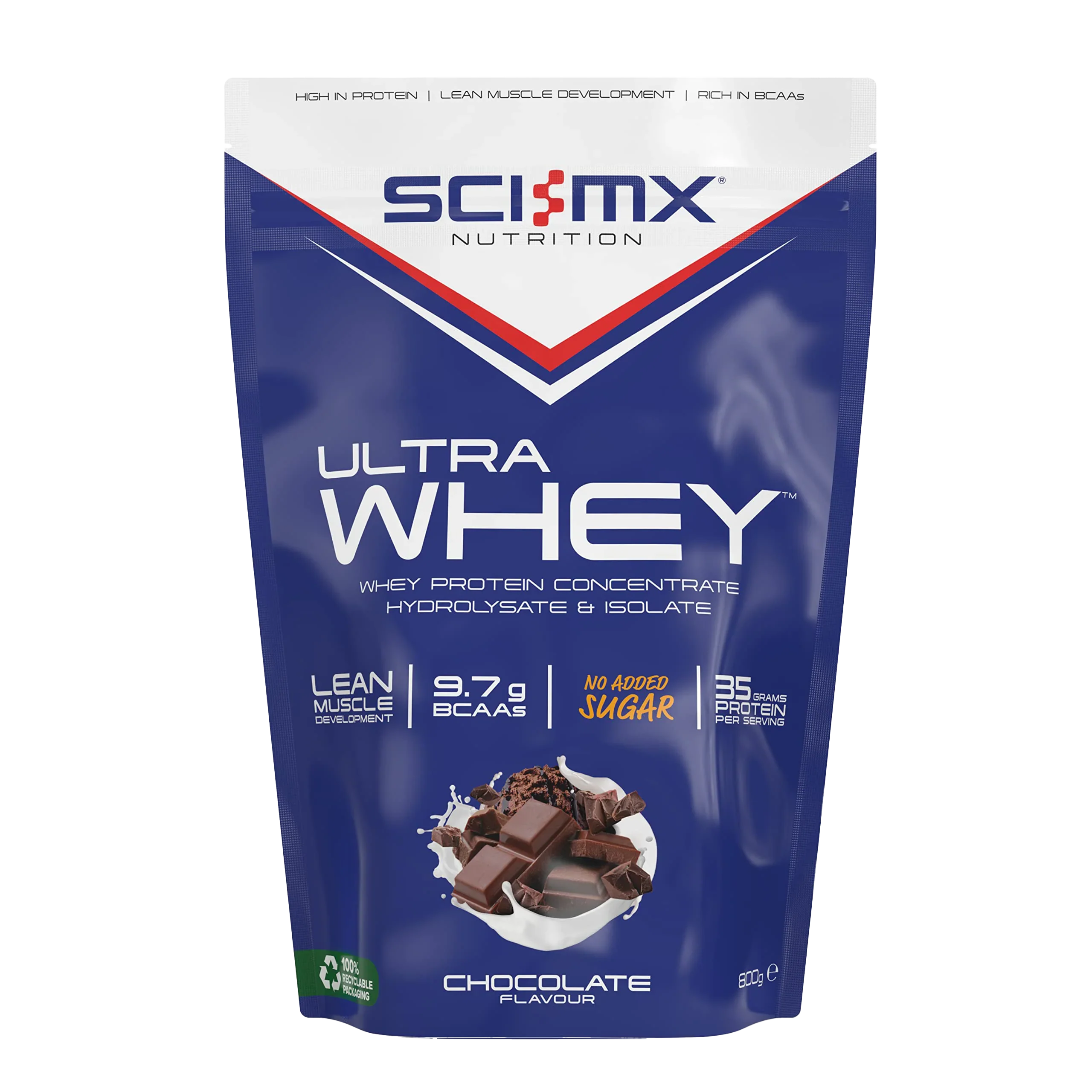 Chocolate-flavored Sci-MX Ultra Whey protein powder for muscle gains