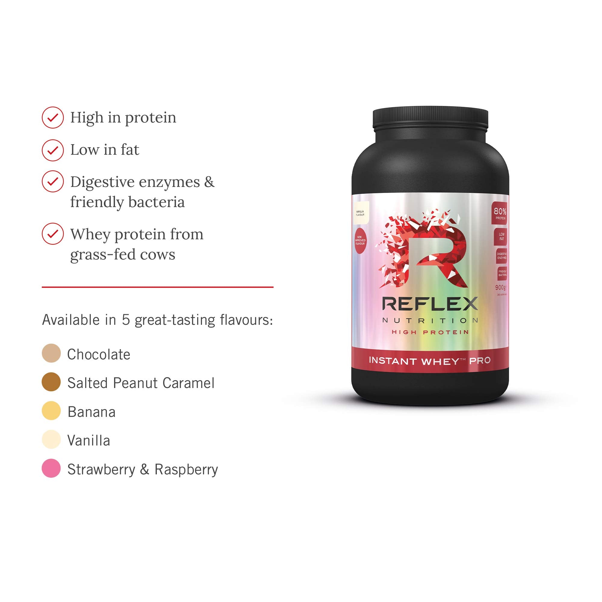Black tub of Reflex Nutrition Instant Whey Pro protein powder with colorful label
