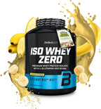 Banana-flavored Biotech USA Iso Whey Zero Lactose Free protein powder in a black container