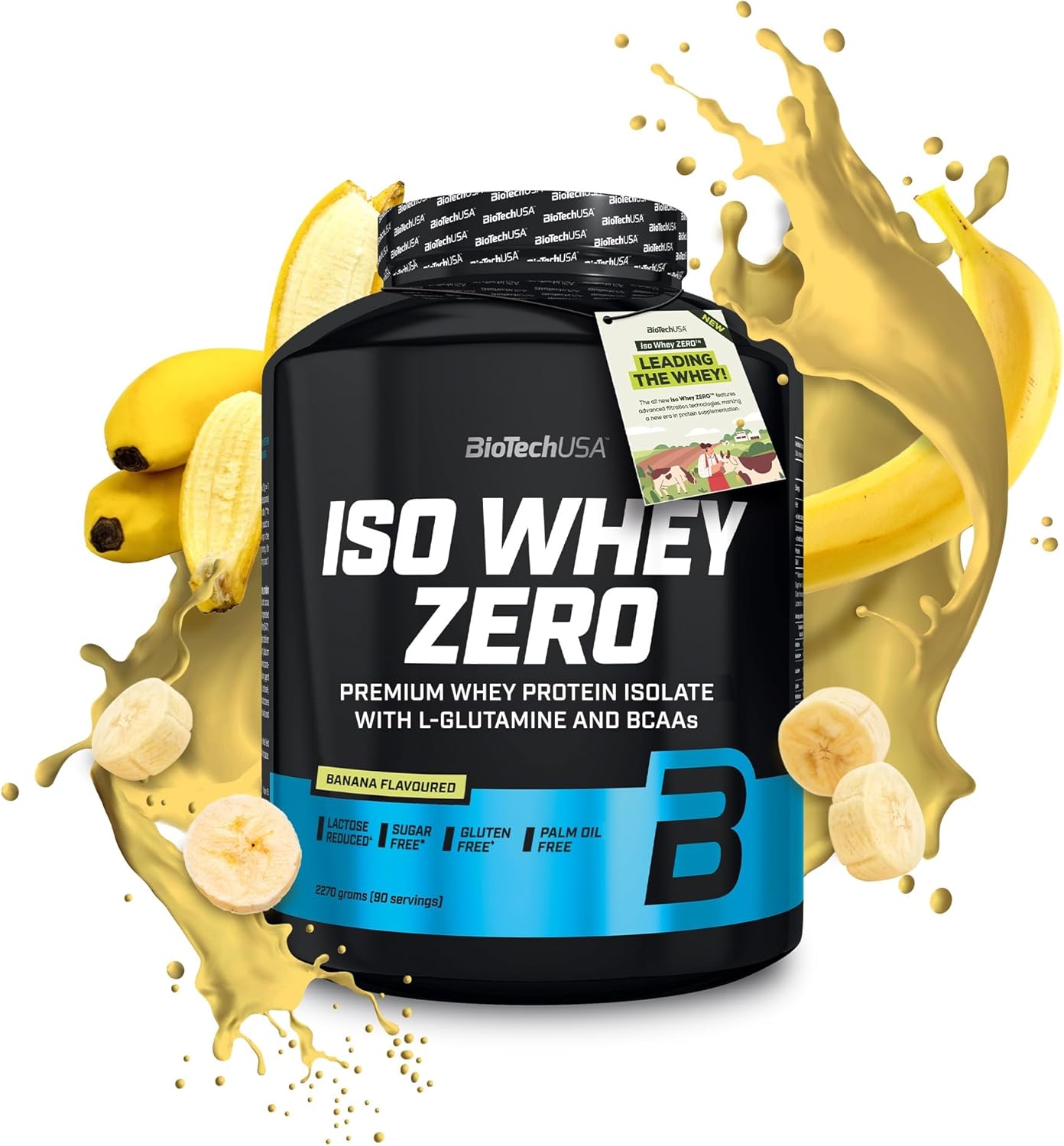 Banana-flavored Biotech USA Iso Whey Zero Lactose Free protein powder in a black container
