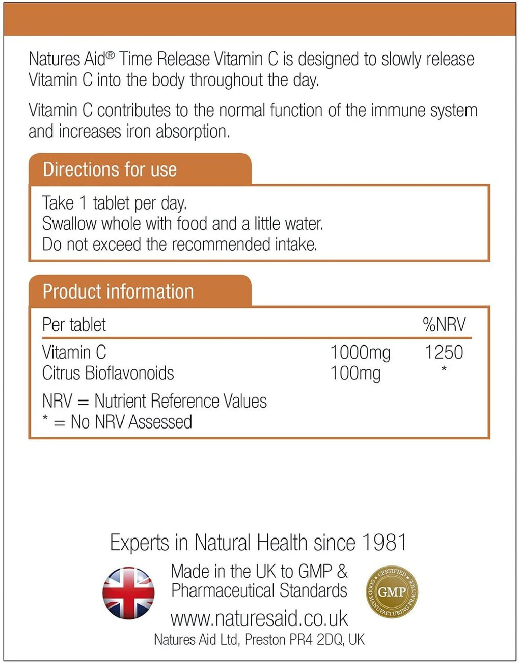 Product label for Natures Aid Citrus Tablets with sustained absorption vitamin for optimal immune support