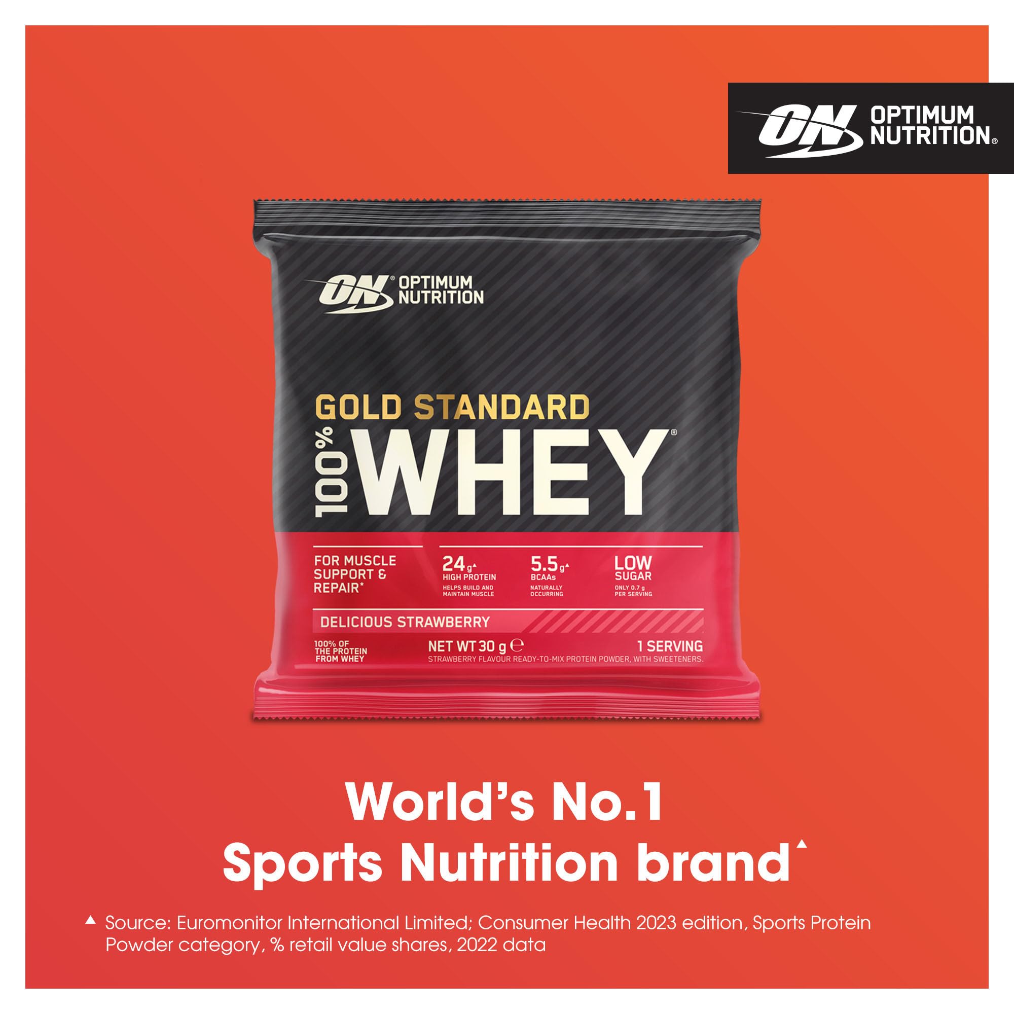 Strawberry-flavored whey protein pouch from Optimum Nutrition Gold Standard for fitness goals