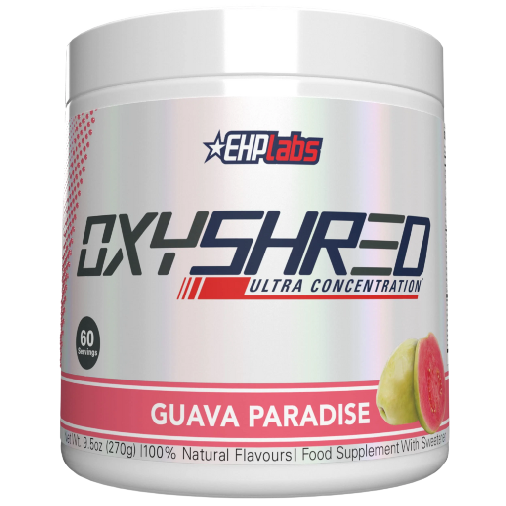 White container of EHP Labs OxyShred Non-Stim fat loss supplement with guava flavor