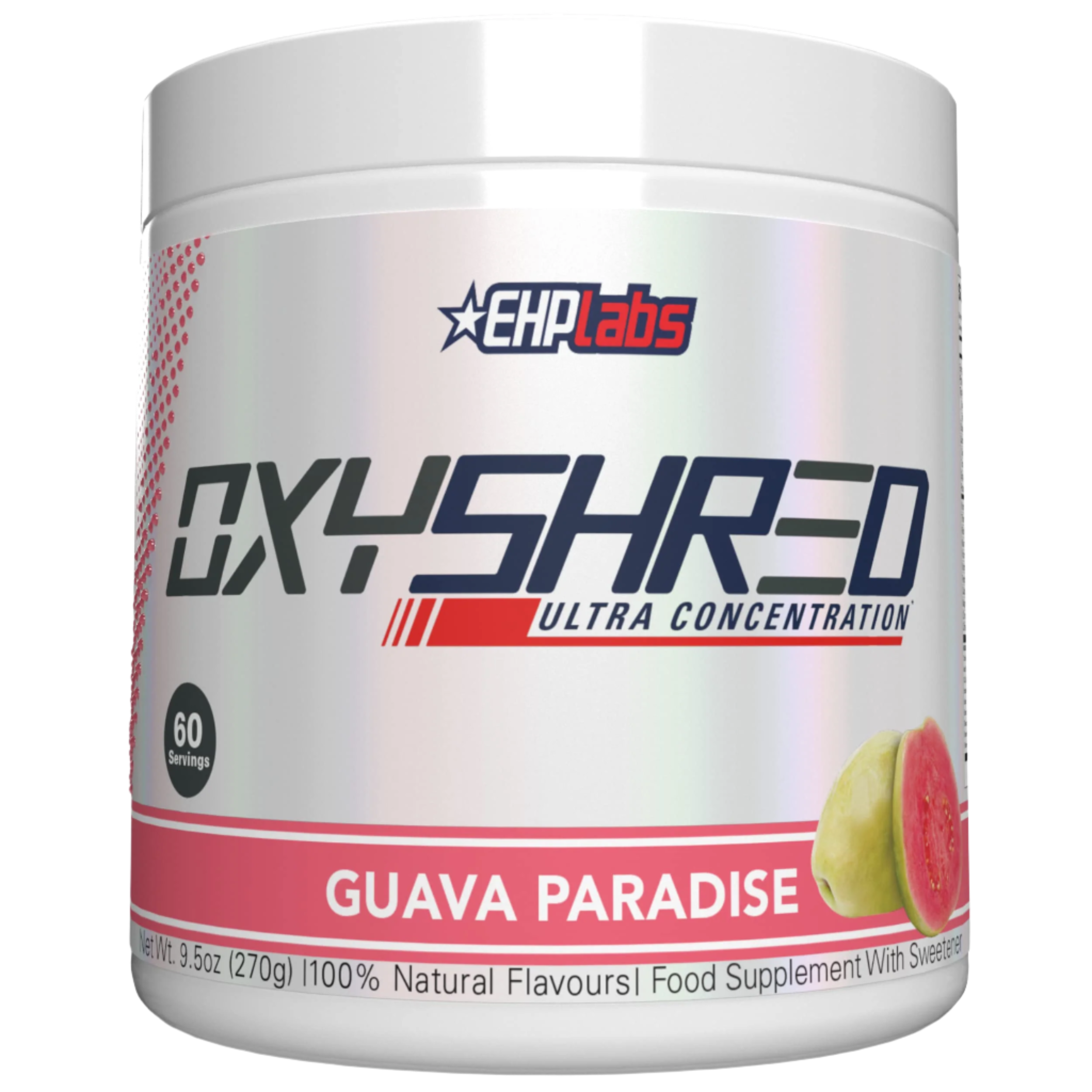 White container of EHP Labs OxyShred Non-Stim fat loss supplement with guava flavor