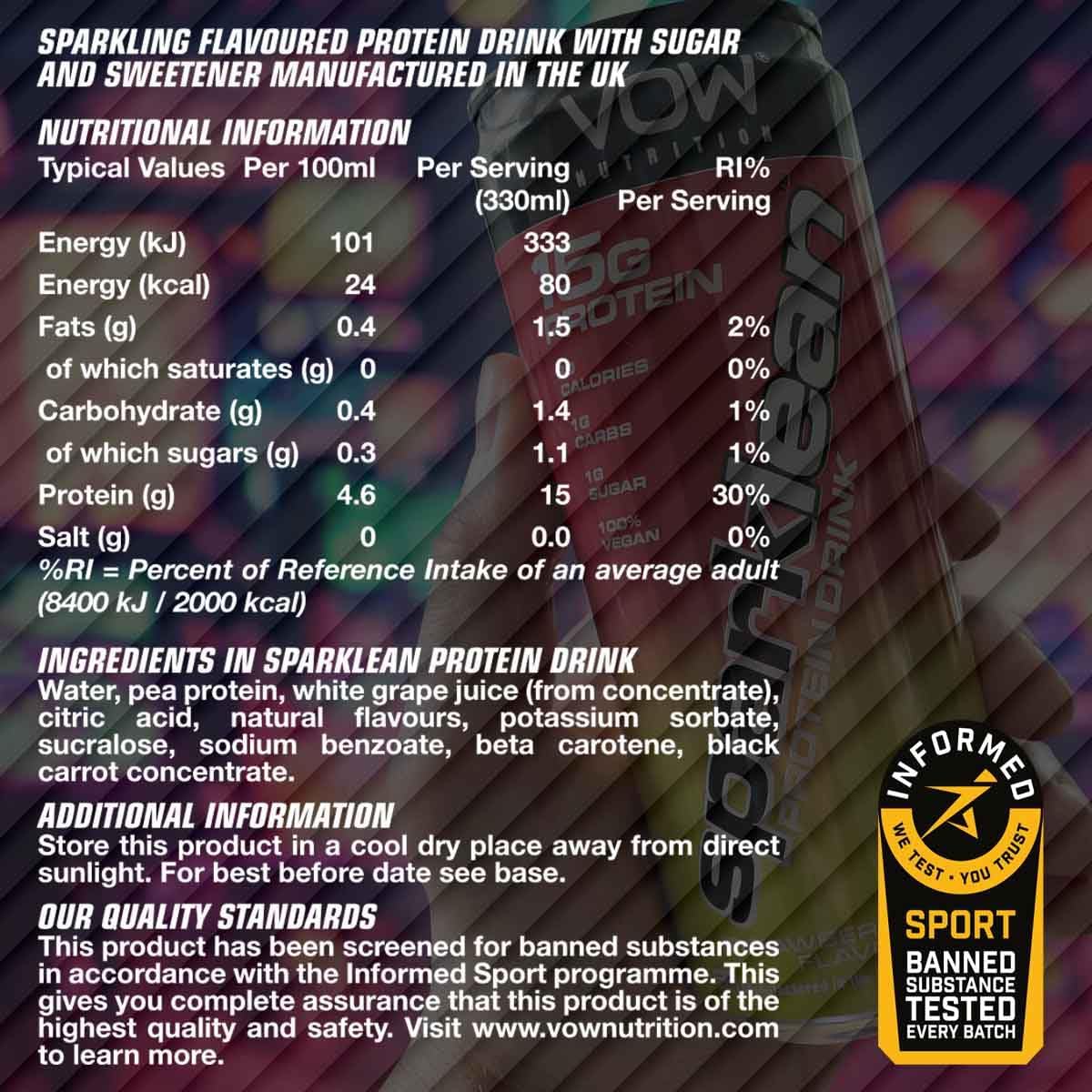 Black VOW Nutrition Sparklean Protein Drink can with nutritional info and ingredients