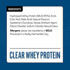 Applied Nutrition Clear Whey label with ingredients and allergen info for ultra-hydrolysed whey protein and muscle recovery