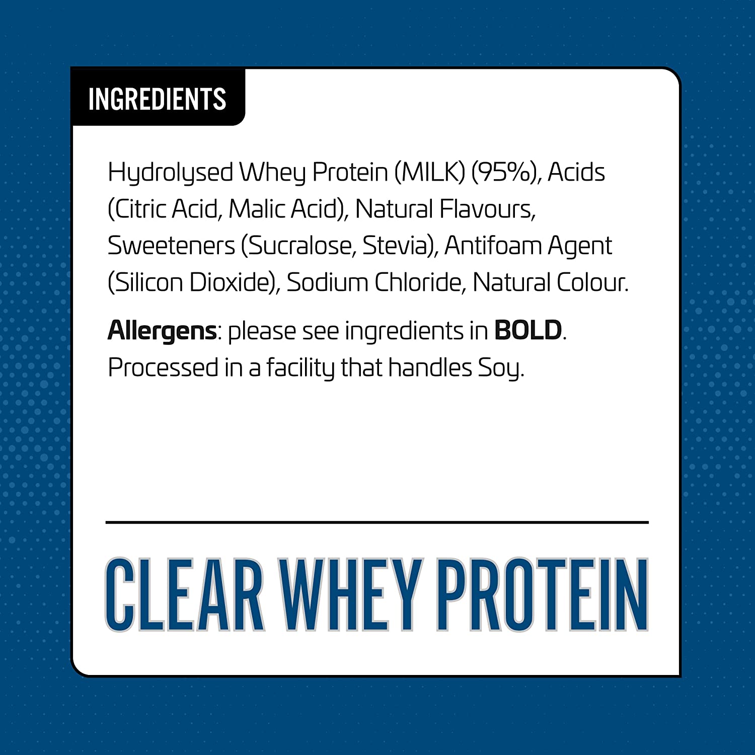 Applied Nutrition Clear Whey label with ingredients and allergen info for ultra-hydrolysed whey protein and muscle recovery